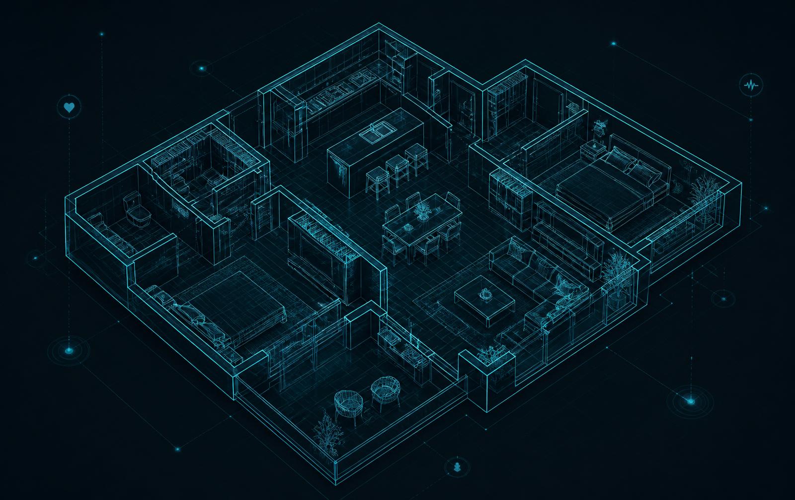 Isometric wireframe floor plan rendered in glowing teal lines, representing software mapping of biometric room data