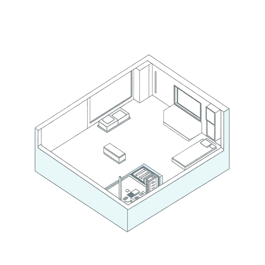 Isometric outline floor plan illustrating software mapping of room sensory data